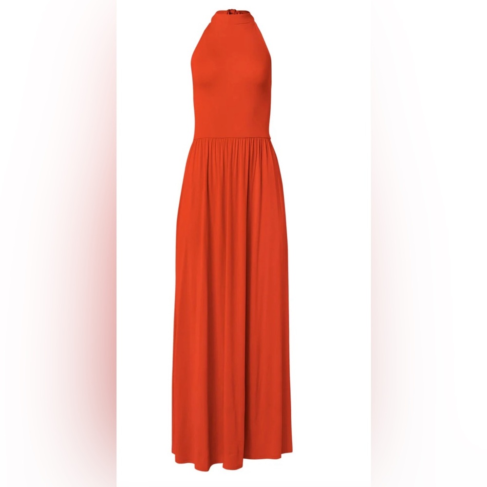 VENUS Bright Tangerine-Colored Halter Maxi Dress w Pockets Ties at Neck Backless - Picture 12 of 14